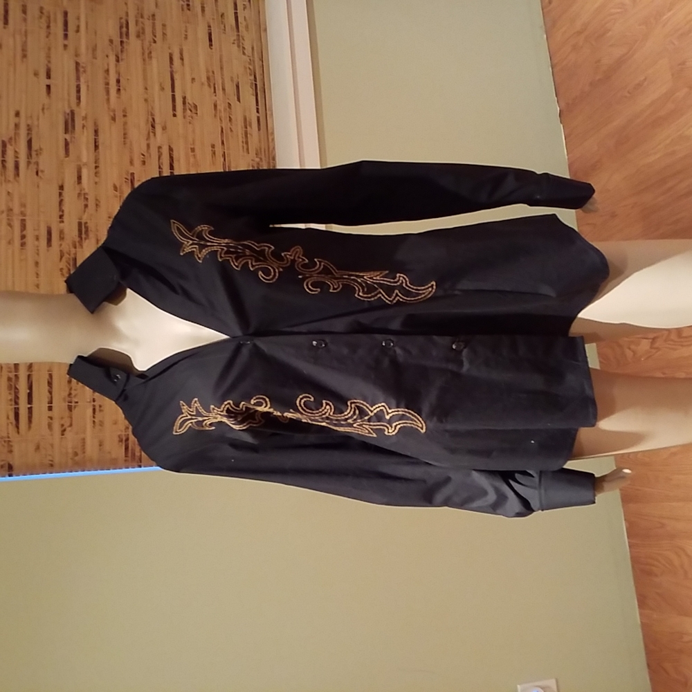 Bebe black Button Up Blouse With Tan Embroidery On Front Sides Size L